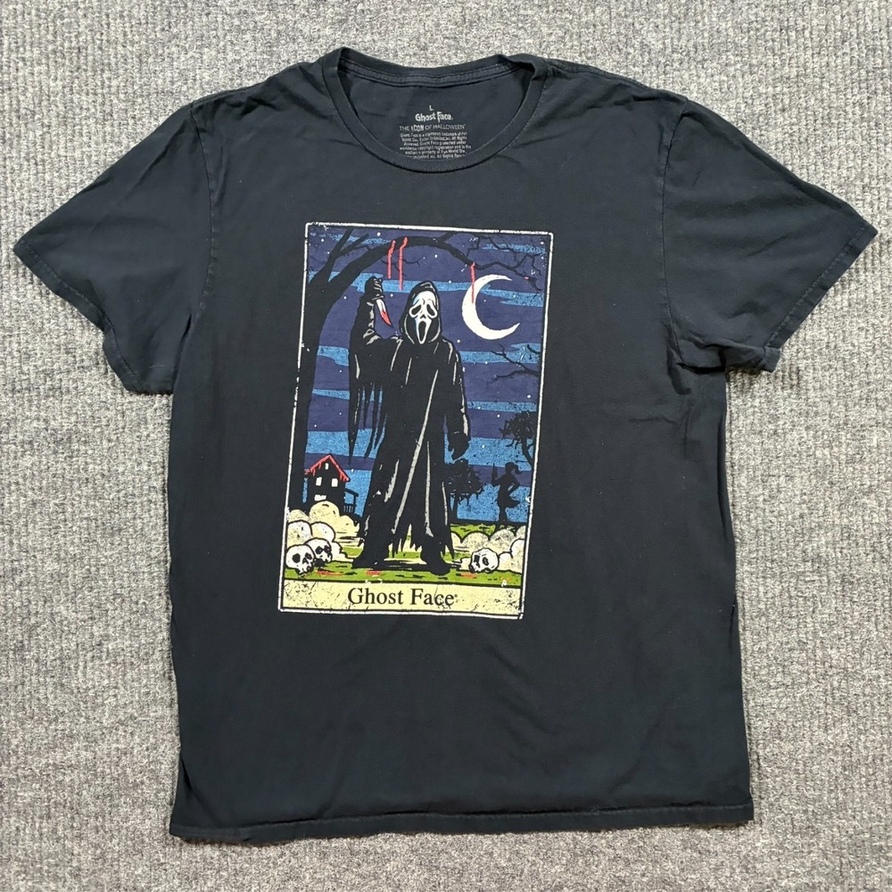 Ghost Face Icon of Halloween Mens Graphic T-Shirt Size L Black Short Sleeve